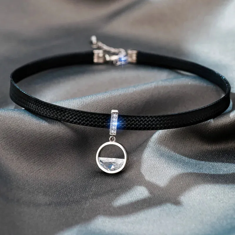 Glitter Shiny Cubic Zirconia Choker Pendant Sexy Black Leather Short Necklace for Women Aesthetic Jewelry Accessories