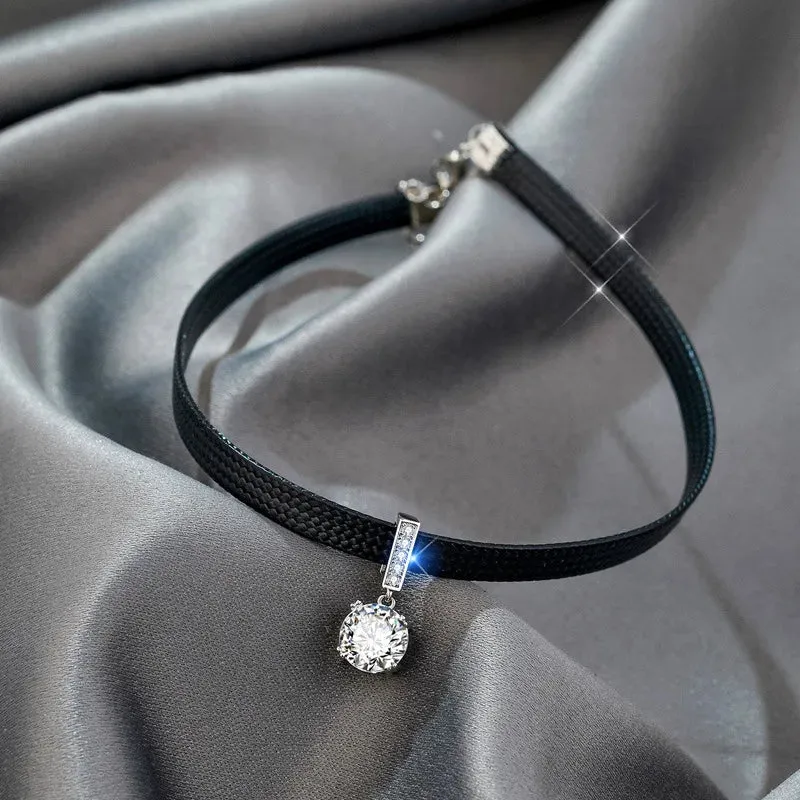 Glitter Shiny Cubic Zirconia Choker Pendant Sexy Black Leather Short Necklace for Women Aesthetic Jewelry Accessories