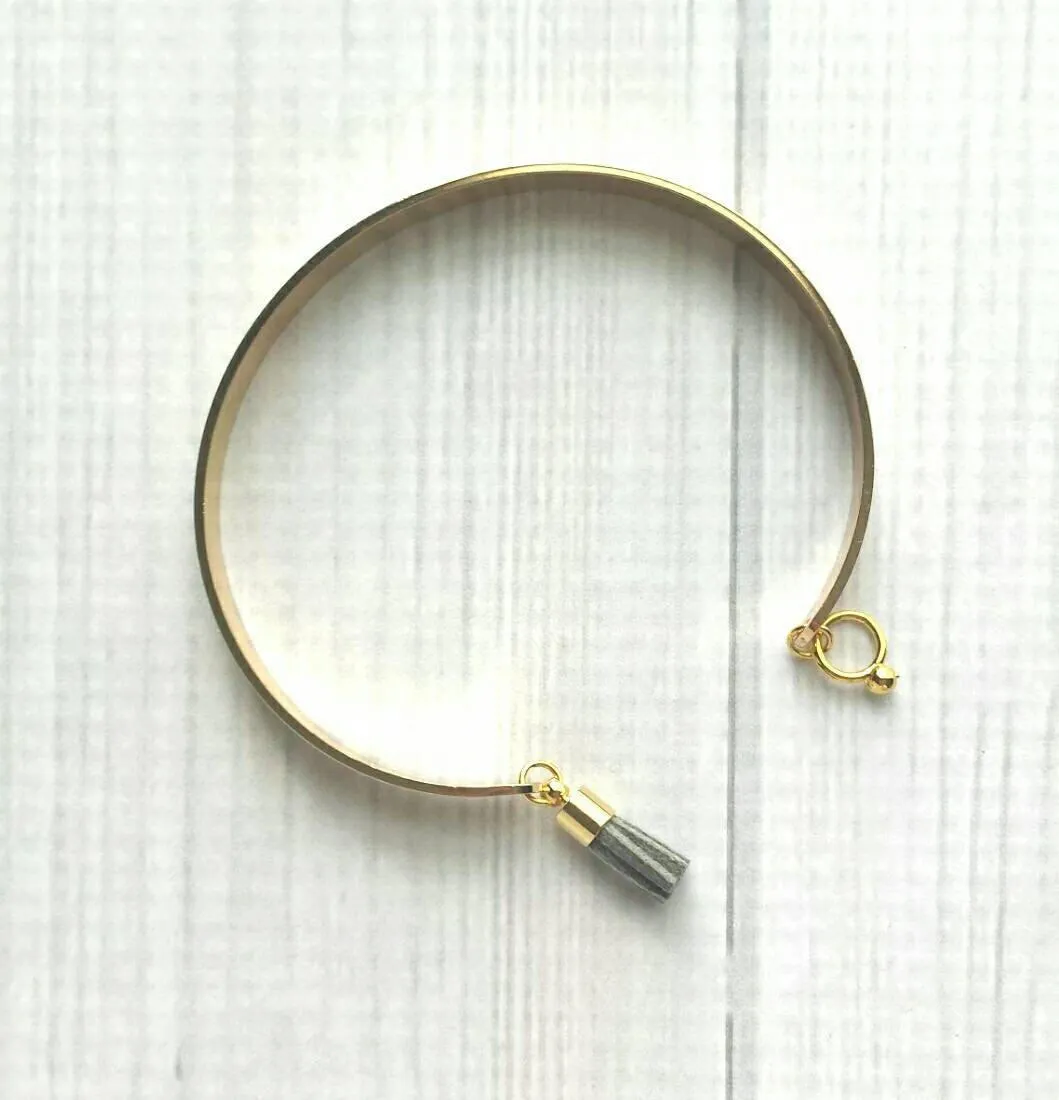 Gold Cuff Bracelet - open oval stacking bangle with grey charm tassel dangle - best friend girlfriend wife sister - gifts for her under 25