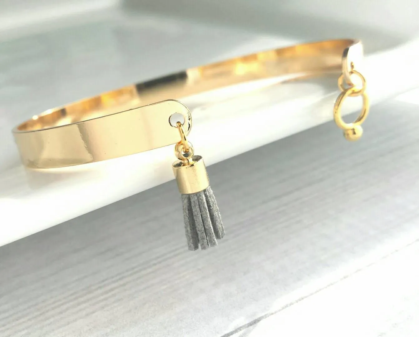Gold Cuff Bracelet - open oval stacking bangle with grey charm tassel dangle - best friend girlfriend wife sister - gifts for her under 25