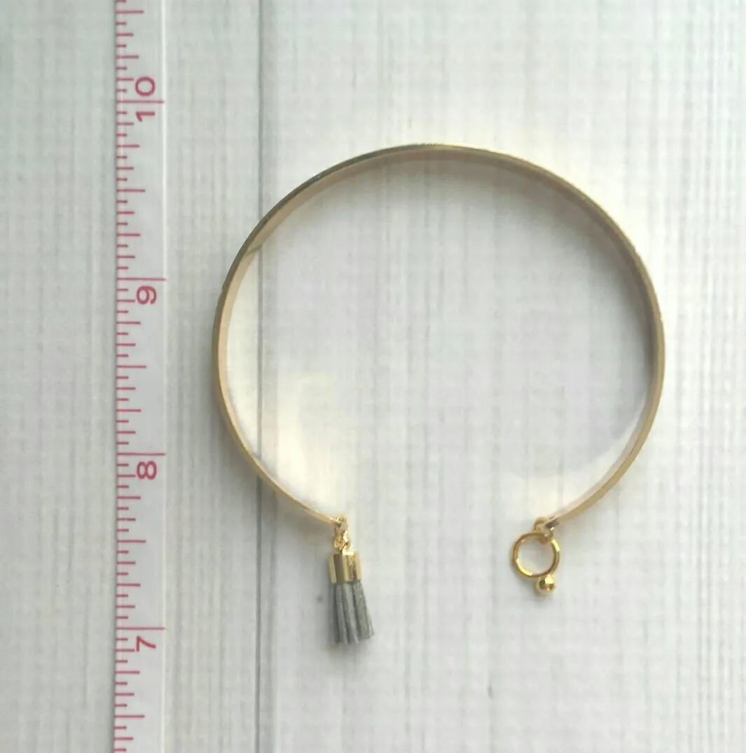 Gold Cuff Bracelet - open oval stacking bangle with grey charm tassel dangle - best friend girlfriend wife sister - gifts for her under 25