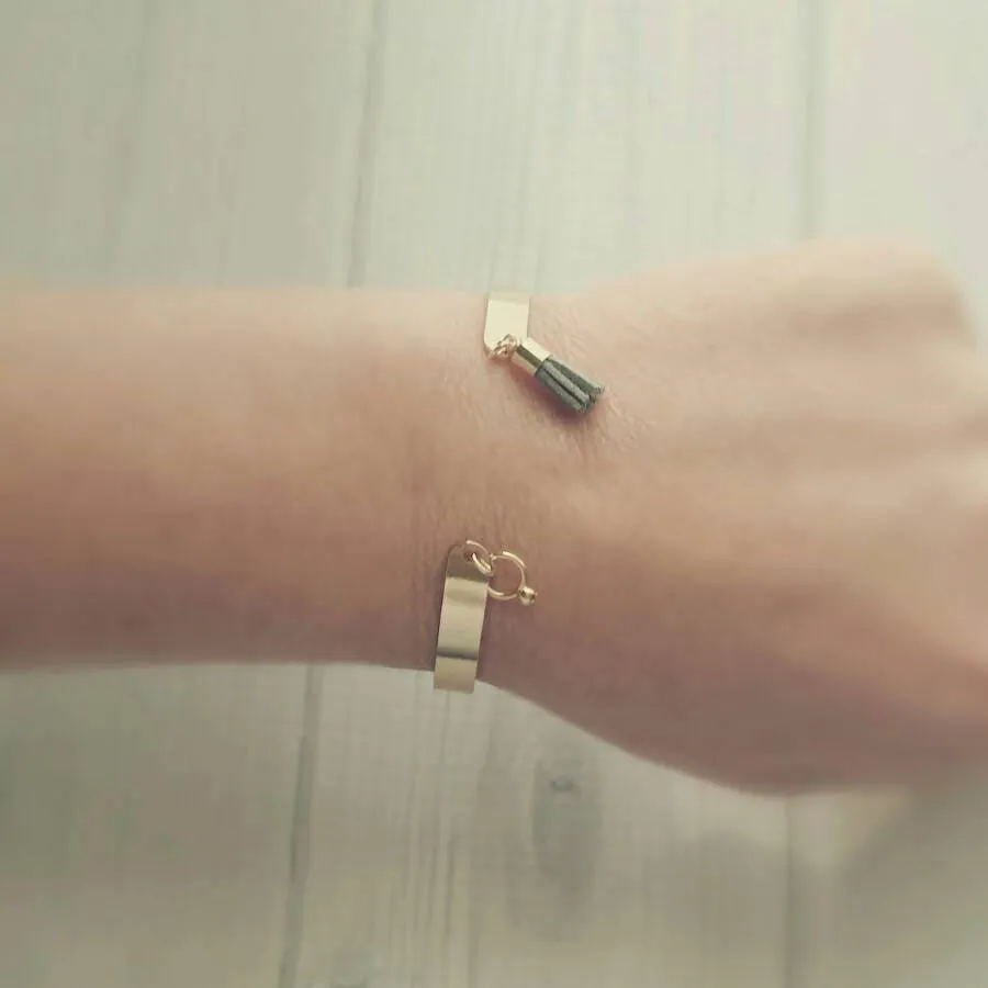 Gold Cuff Bracelet - open oval stacking bangle with grey charm tassel dangle - best friend girlfriend wife sister - gifts for her under 25