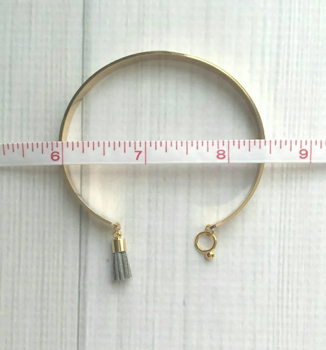 Gold Cuff Bracelet - open oval stacking bangle with grey charm tassel dangle - best friend girlfriend wife sister - gifts for her under 25