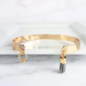 Gold Cuff Bracelet - open oval stacking bangle with grey charm tassel dangle - best friend girlfriend wife sister - gifts for her under 25