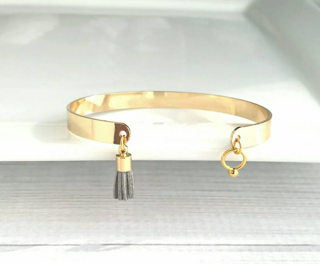 Gold Cuff Bracelet - open oval stacking bangle with grey charm tassel dangle - best friend girlfriend wife sister - gifts for her under 25