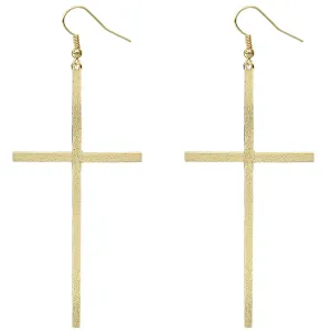 Gold Extra Long Metal Cross Earrings