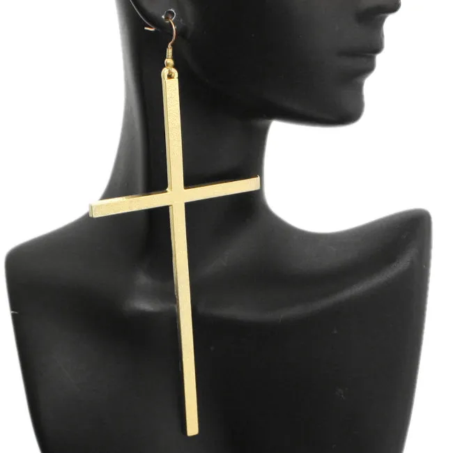 Gold Extra Long Metal Cross Earrings