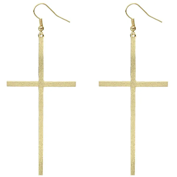 Gold Extra Long Metal Cross Earrings