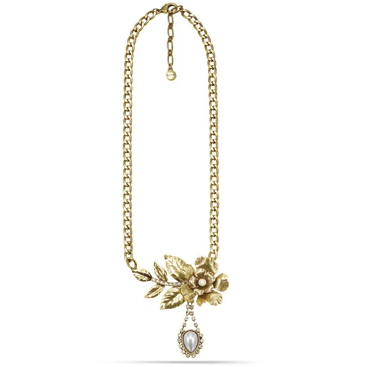 GOLD FLOWER PEARL AND WHITE CRYSTAL  NECKLACES #307GD1201 (5E5/9C1/3C1/5F6)