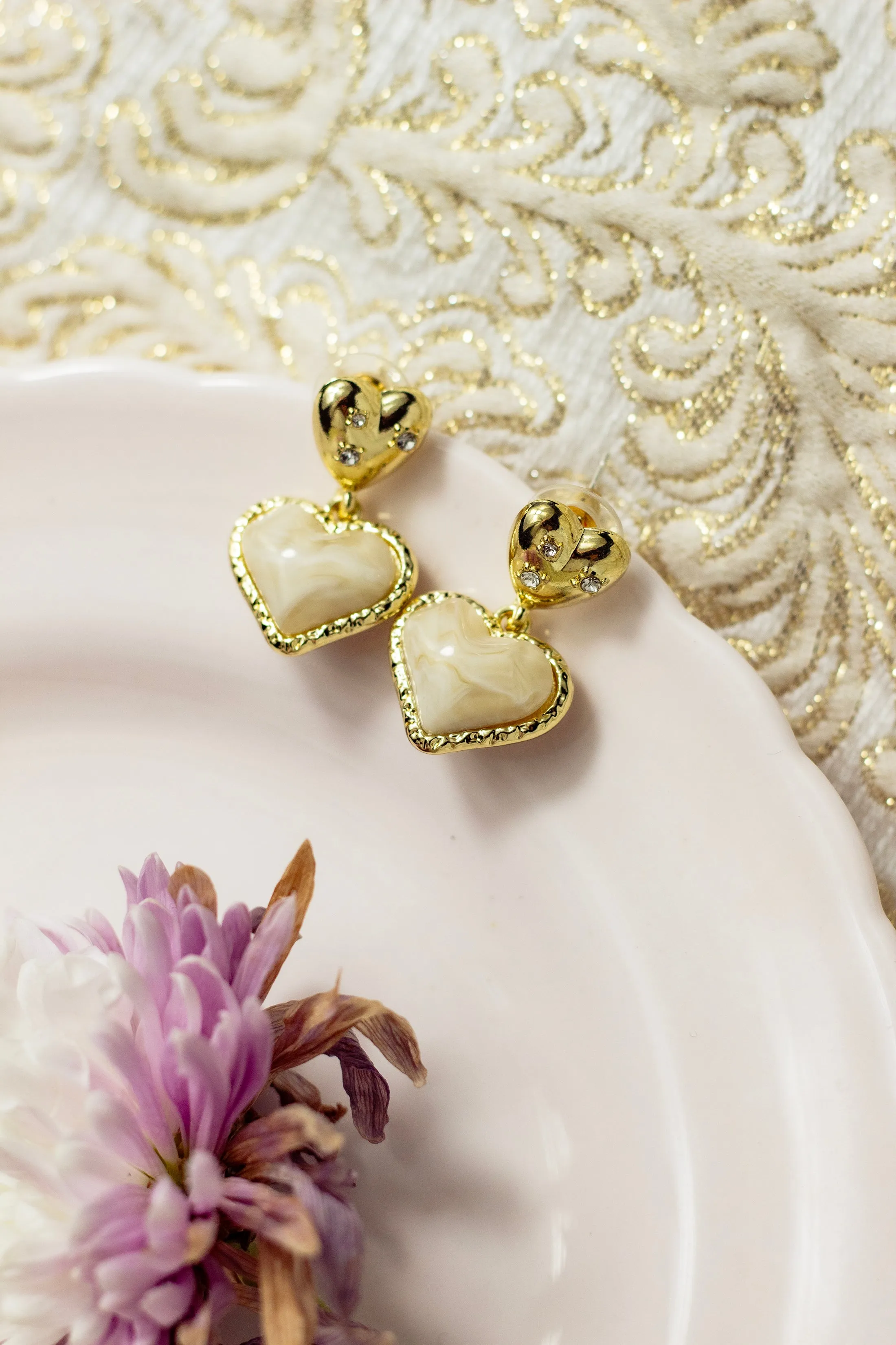 Gold Heart Pearl Dangle Earrings