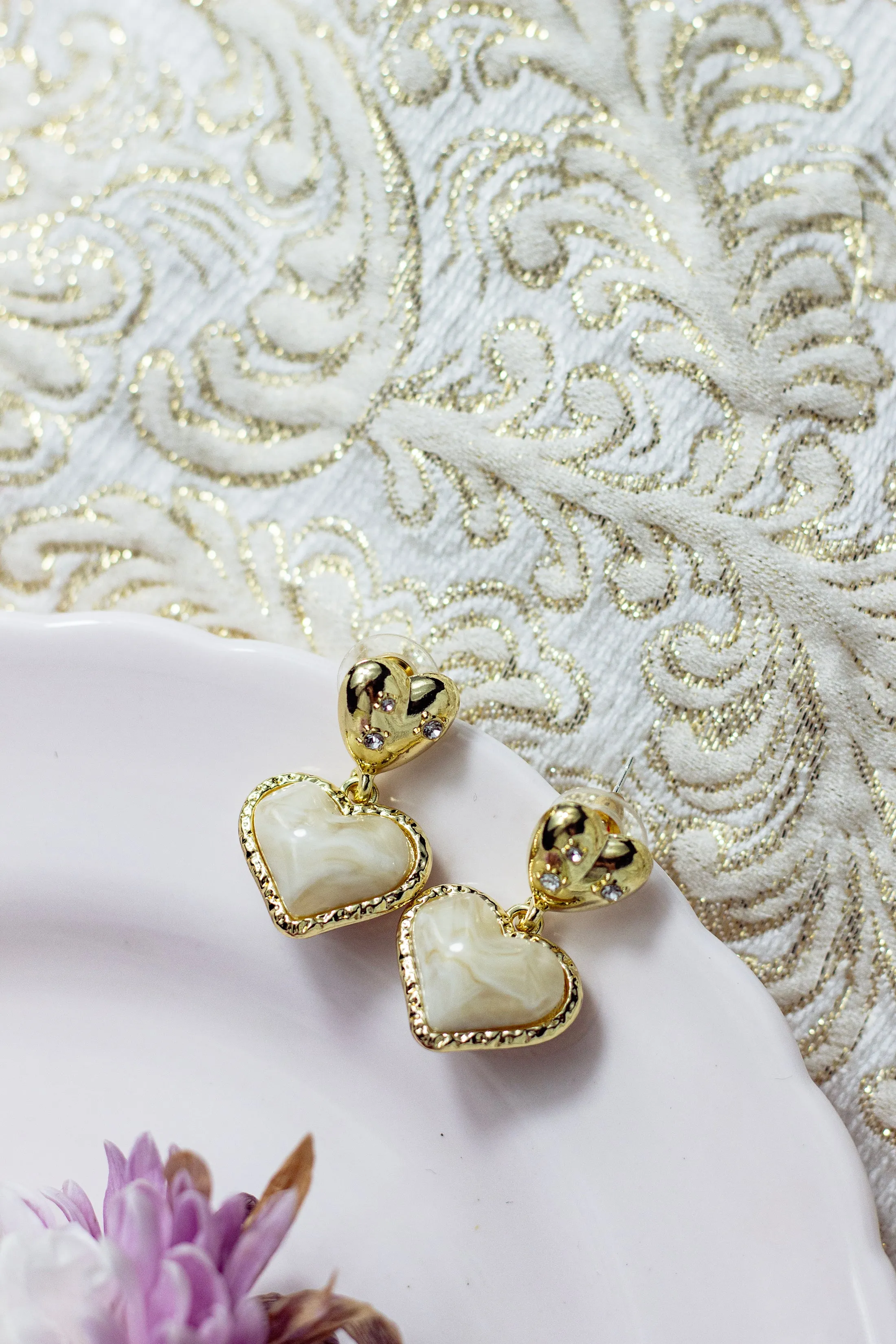 Gold Heart Pearl Dangle Earrings
