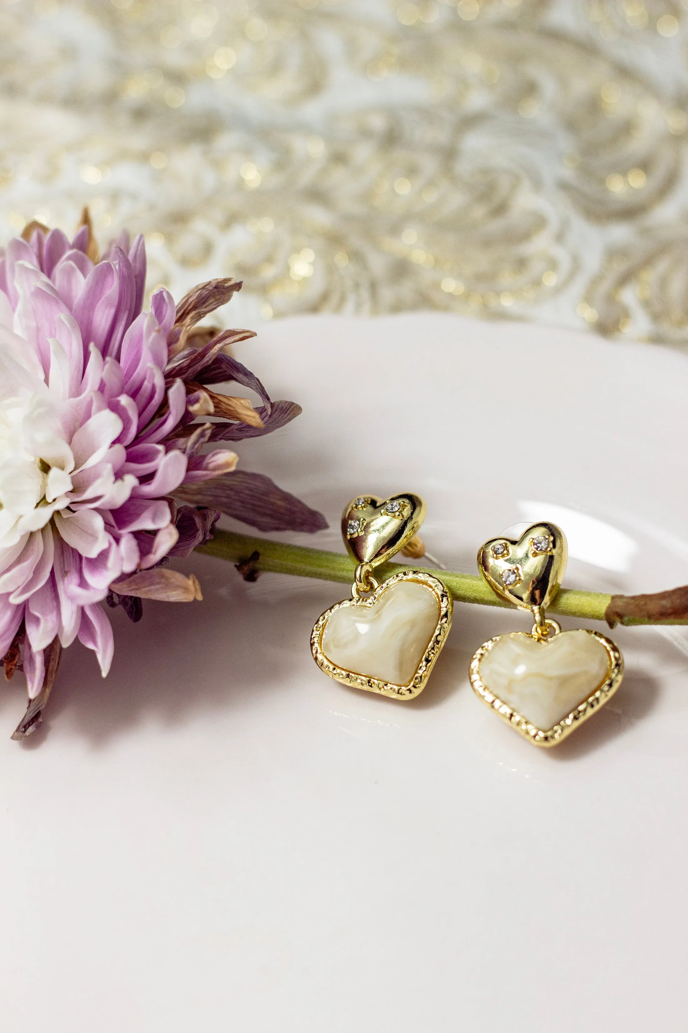 Gold Heart Pearl Dangle Earrings