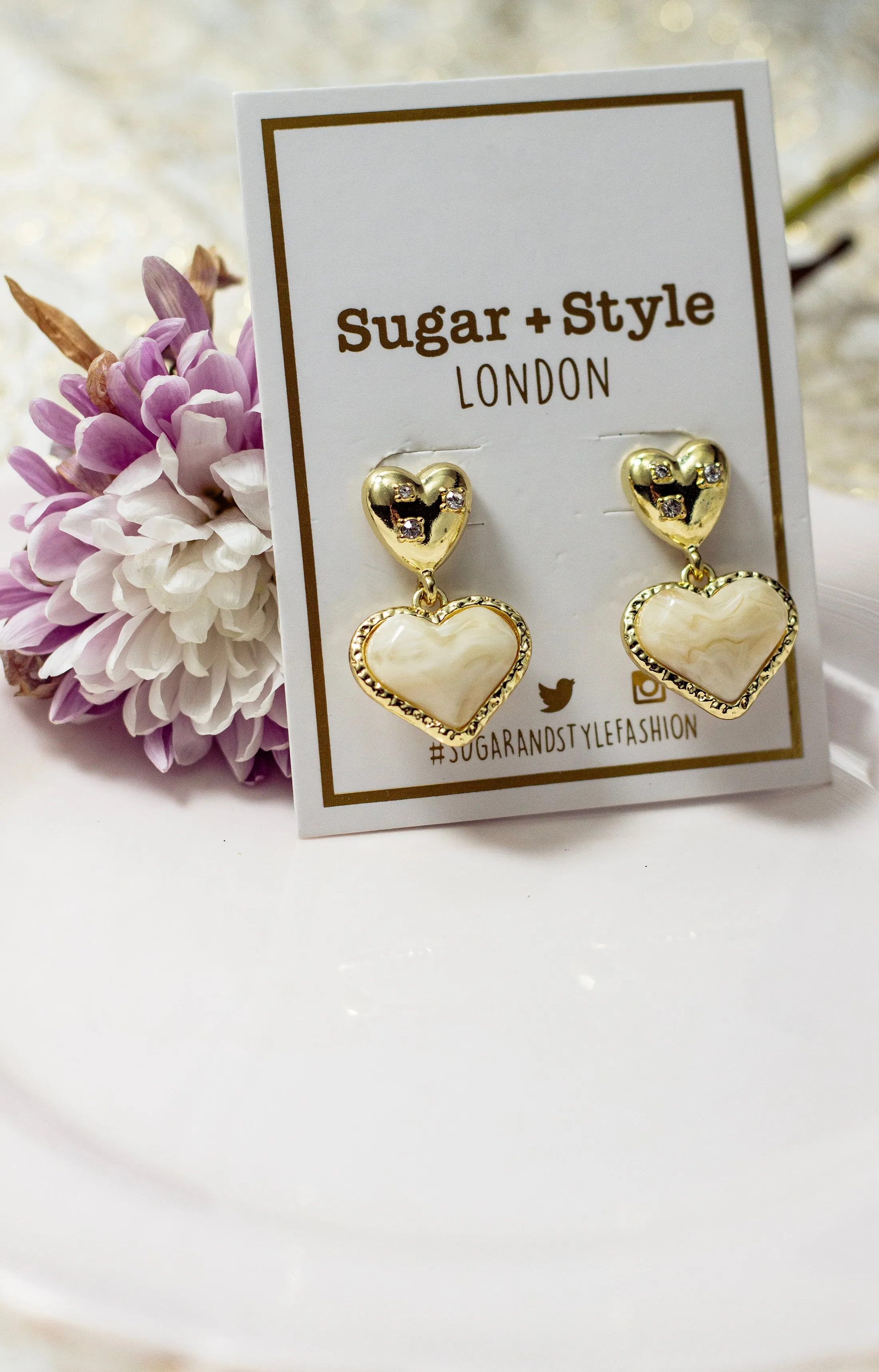 Gold Heart Pearl Dangle Earrings