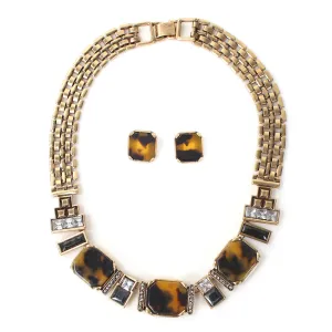 GOLD-MULTI BROWN STONE AND WHITE CRYSTAL NECKLACE AND EARRING SET  #FW1404673 (SHOWROOM)