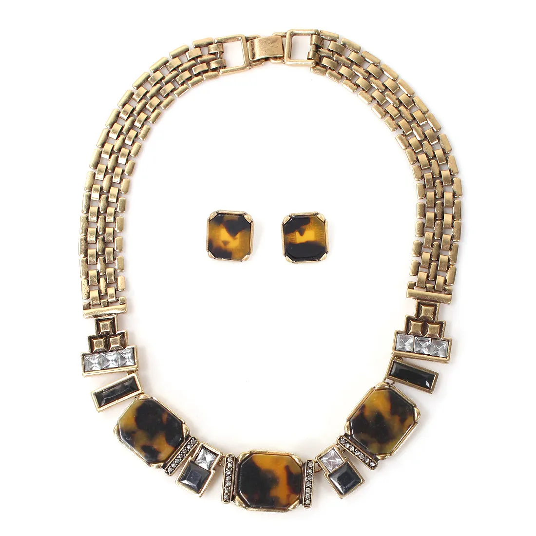 GOLD-MULTI BROWN STONE AND WHITE CRYSTAL NECKLACE AND EARRING SET  #FW1404673 (SHOWROOM)