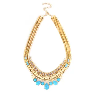 GOLD-MULTI TURQUOISE AND WHITE CRYSTAL NECKLACE  #FW1404412 (SHOWROOM)