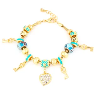 Gold Turquoise Mix Beads Heart And Keys Charm Bracelet #HNB82320GTQ (LD27)