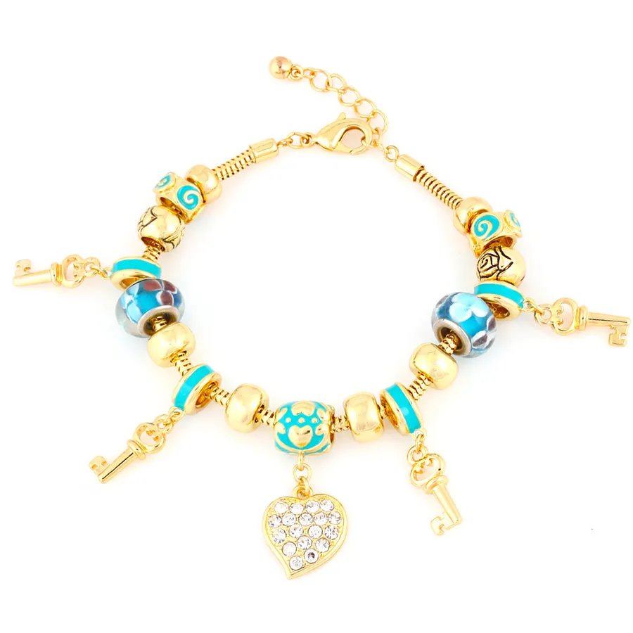 Gold Turquoise Mix Beads Heart And Keys Charm Bracelet #HNB82320GTQ (LD27)