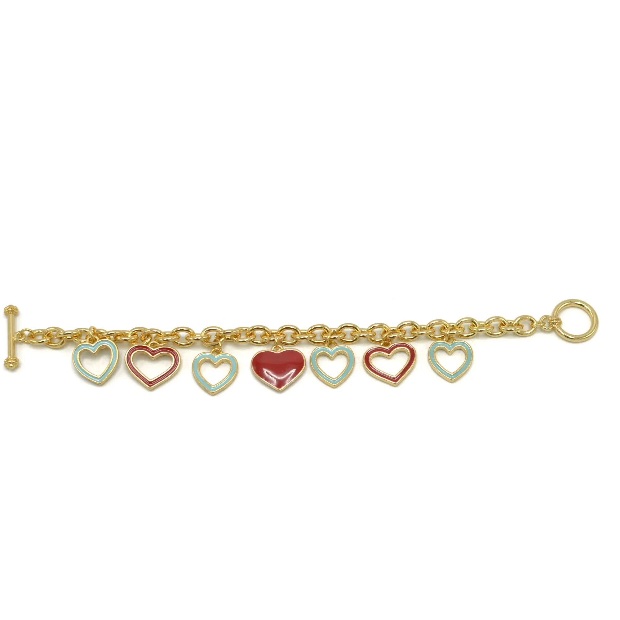 Gold with Coral and Turquoise Heart Charms Bracelet #HNB90890GD(JE8)