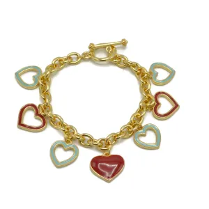 Gold with Coral and Turquoise Heart Charms Bracelet #HNB90890GD(JE8)