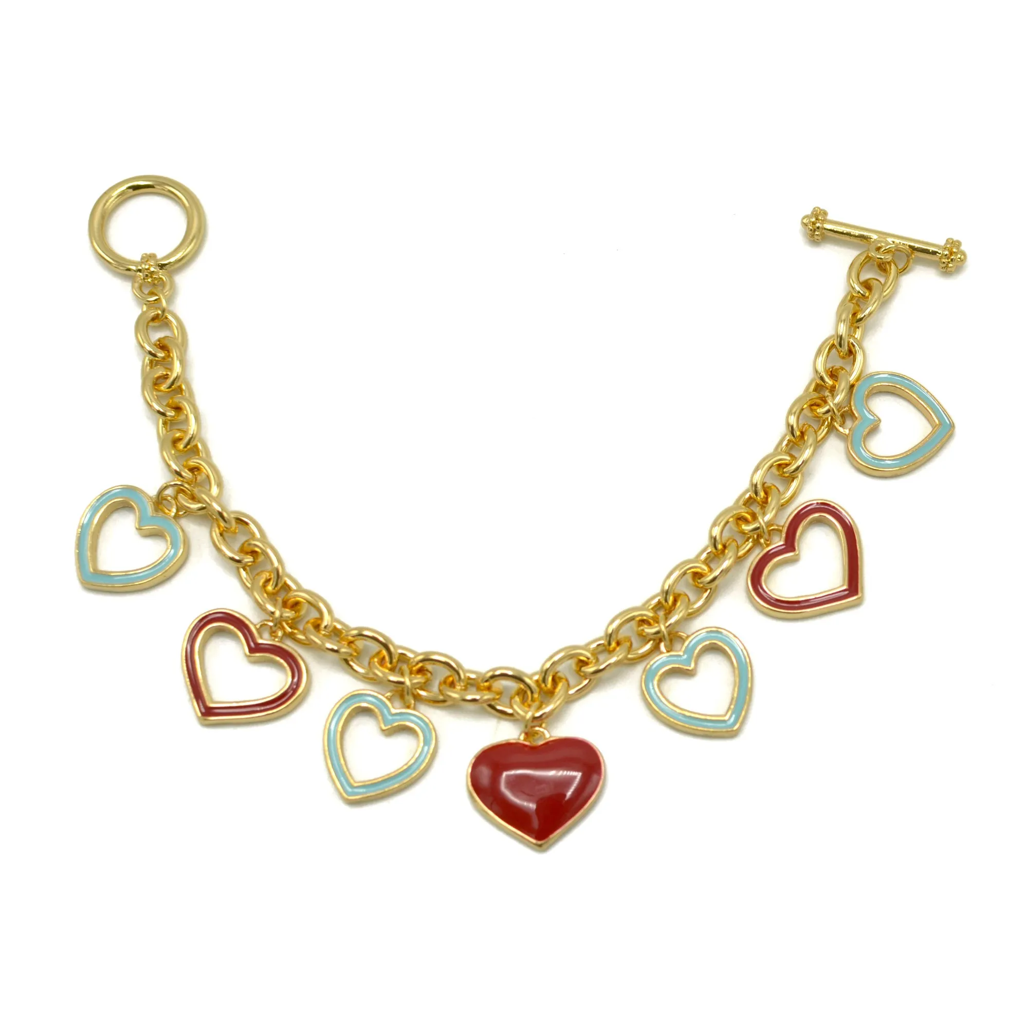 Gold with Coral and Turquoise Heart Charms Bracelet #HNB90890GD(JE8)