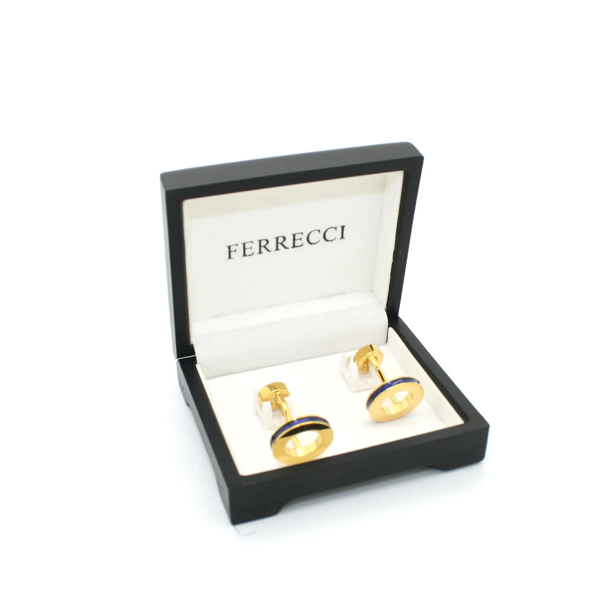 Goldtone Blue Round Lining Cuff Links With Jewelry Box