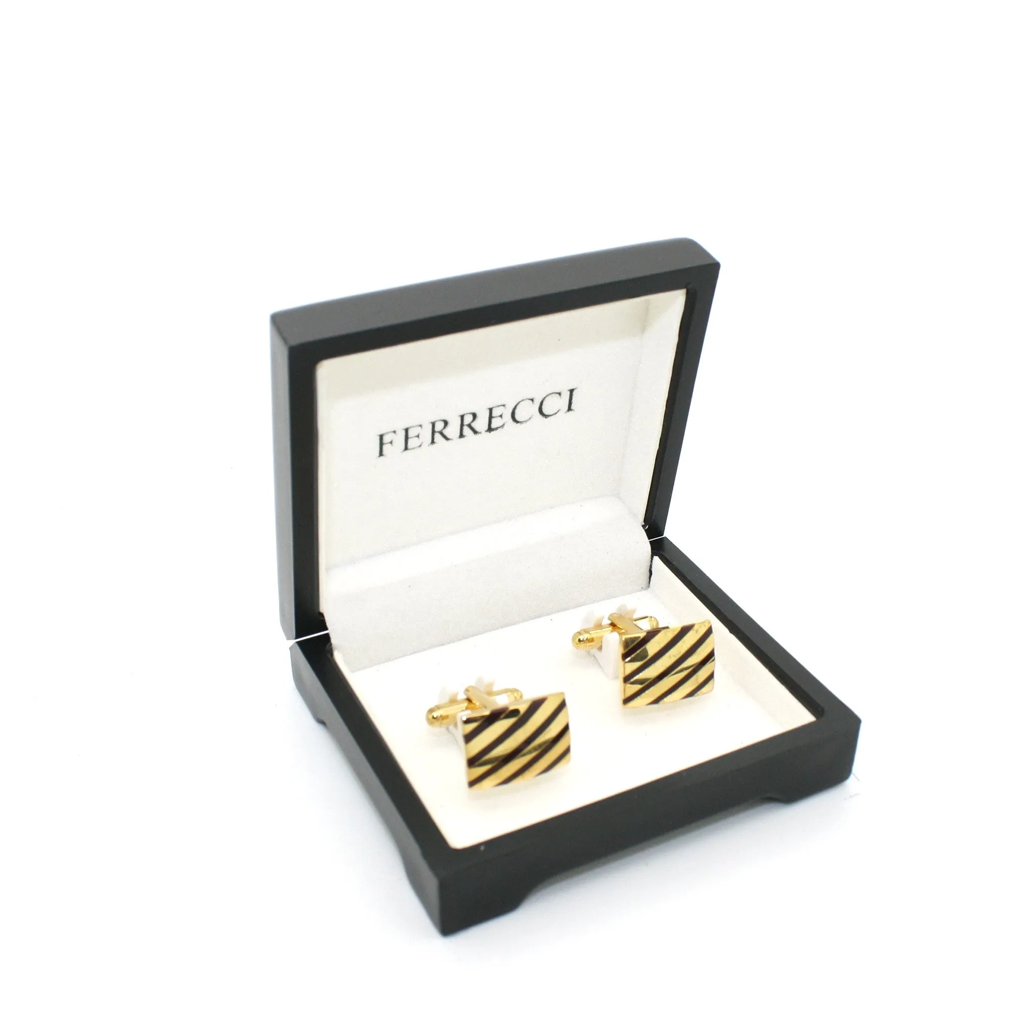 Goldtone Stripe Cuff Links With Jewelry Box