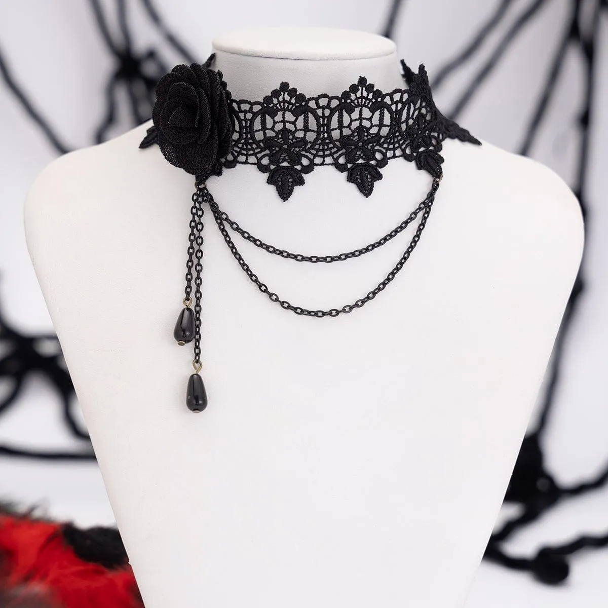 Gothic Layered Black Rose Floral Lace Choker Necklace