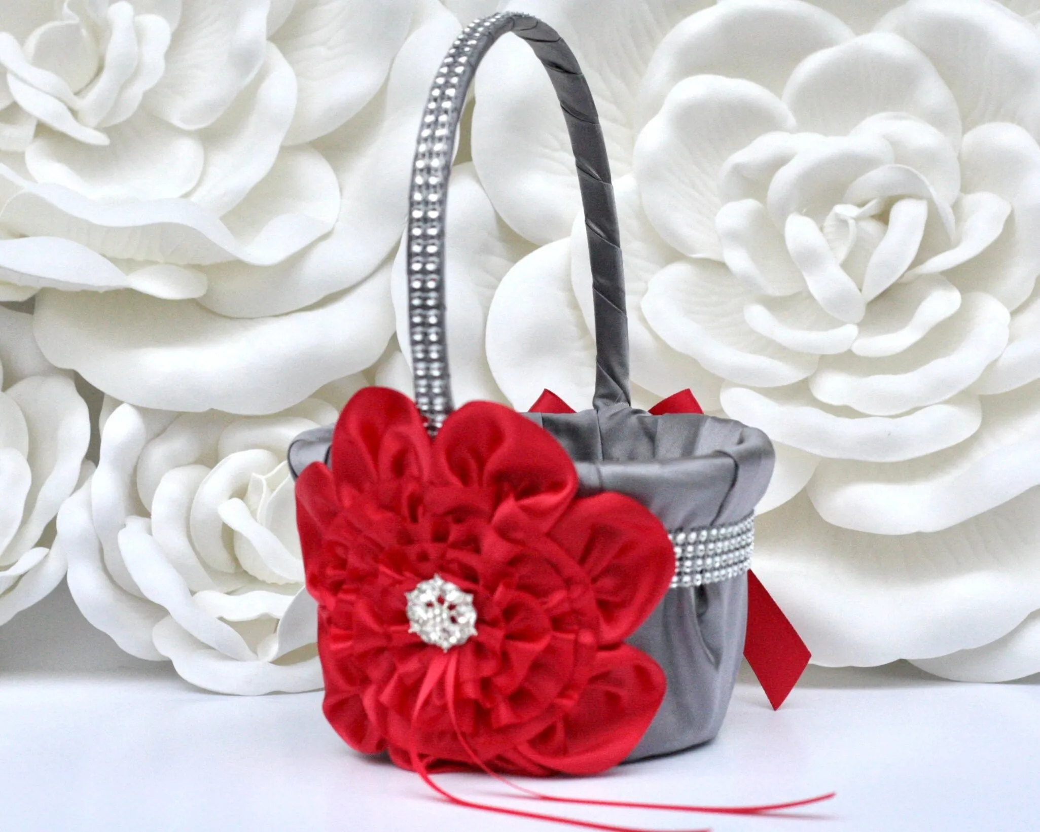 Gray Red Wedding Accessories, Red Flower Girl Basket and Ring Bearer Pillow Set, Red Champagne glasses, Red Cake Server, Red Guest Book Pen