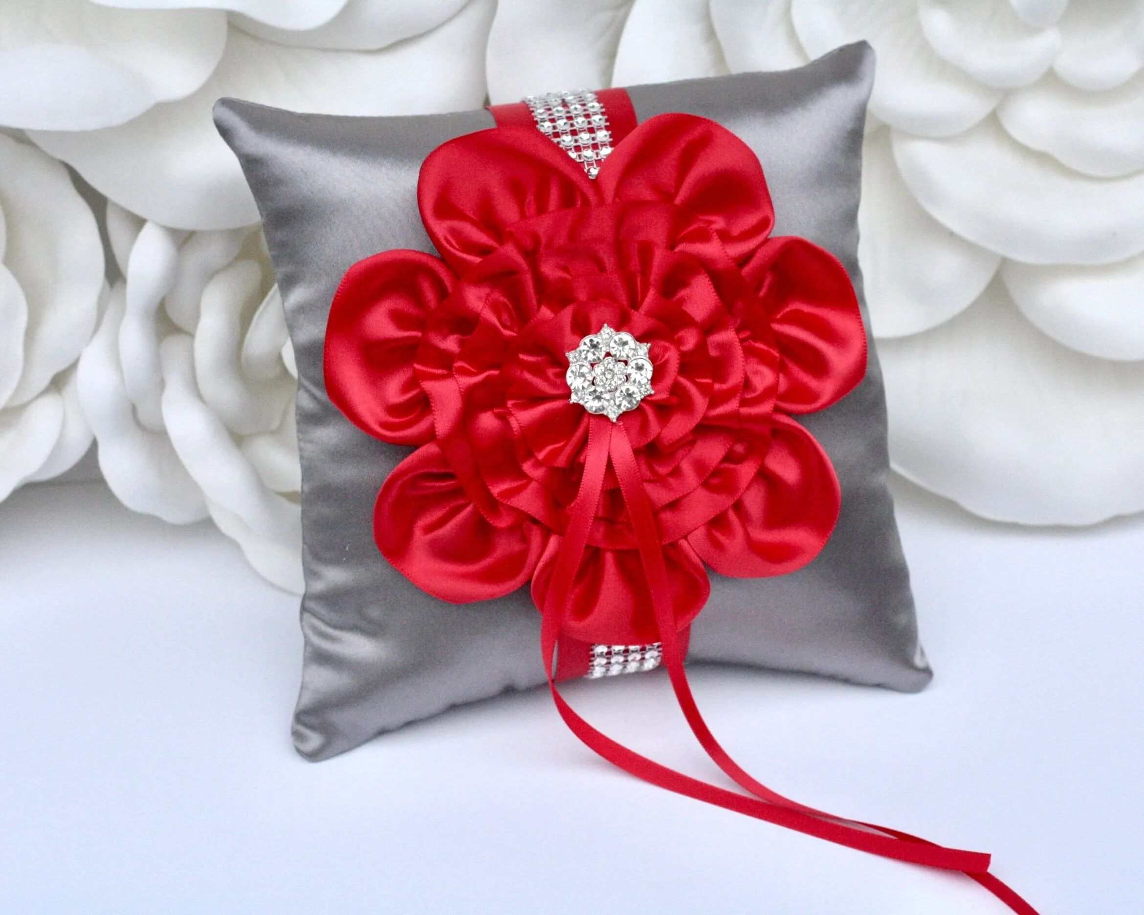 Gray Red Wedding Accessories, Red Flower Girl Basket and Ring Bearer Pillow Set, Red Champagne glasses, Red Cake Server, Red Guest Book Pen