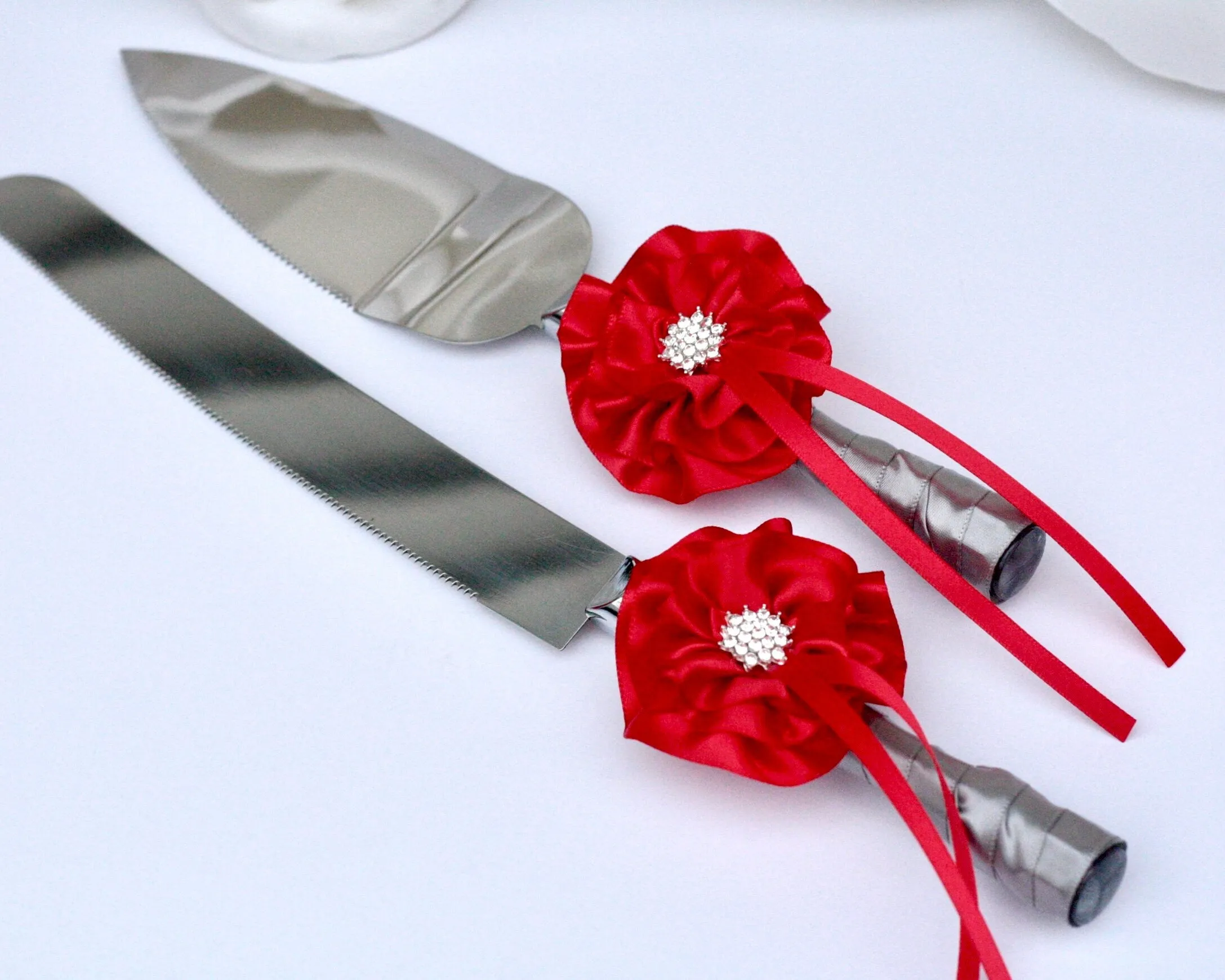 Gray Red Wedding Accessories, Red Flower Girl Basket and Ring Bearer Pillow Set, Red Champagne glasses, Red Cake Server, Red Guest Book Pen
