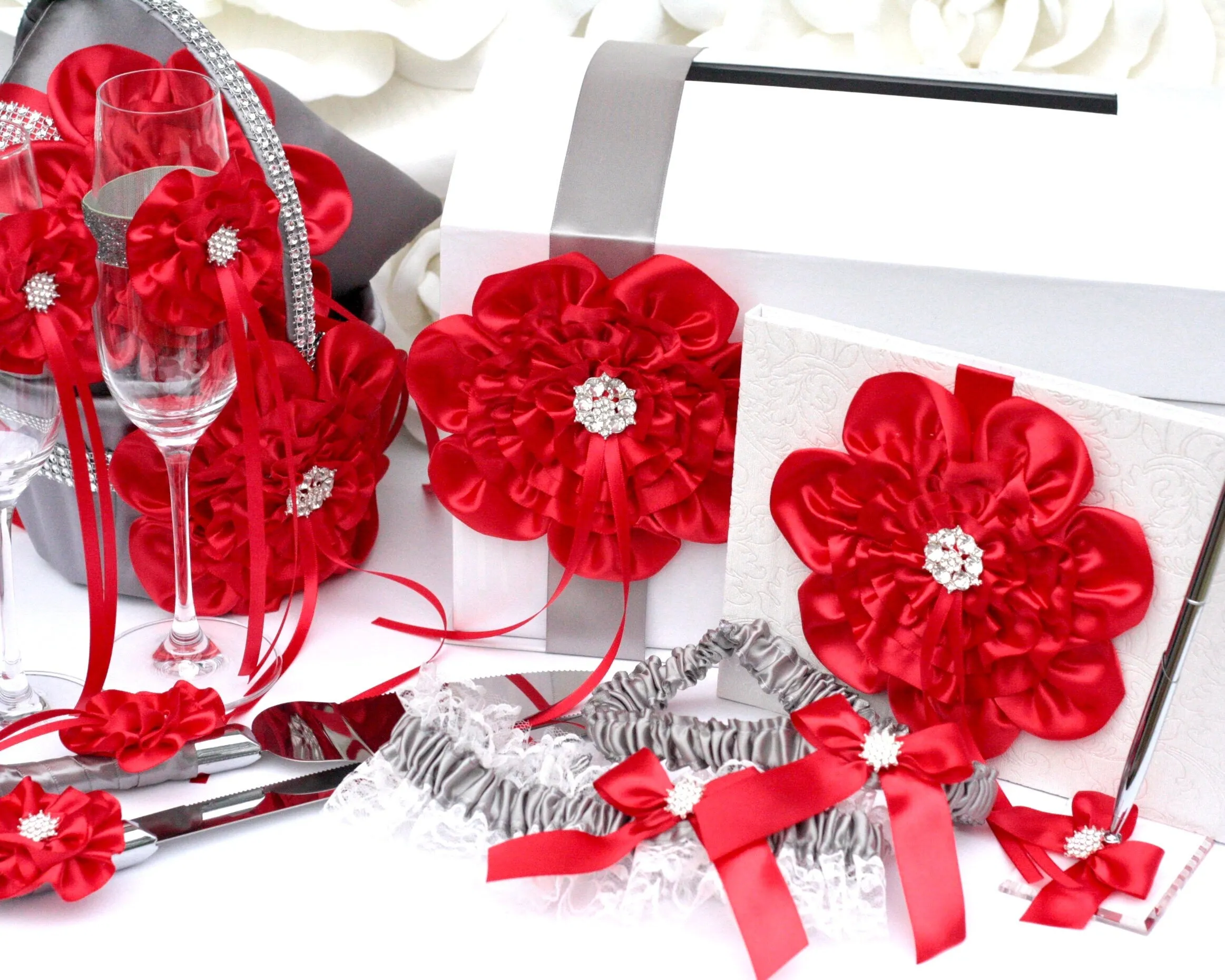 Gray Red Wedding Accessories, Red Flower Girl Basket and Ring Bearer Pillow Set, Red Champagne glasses, Red Cake Server, Red Guest Book Pen