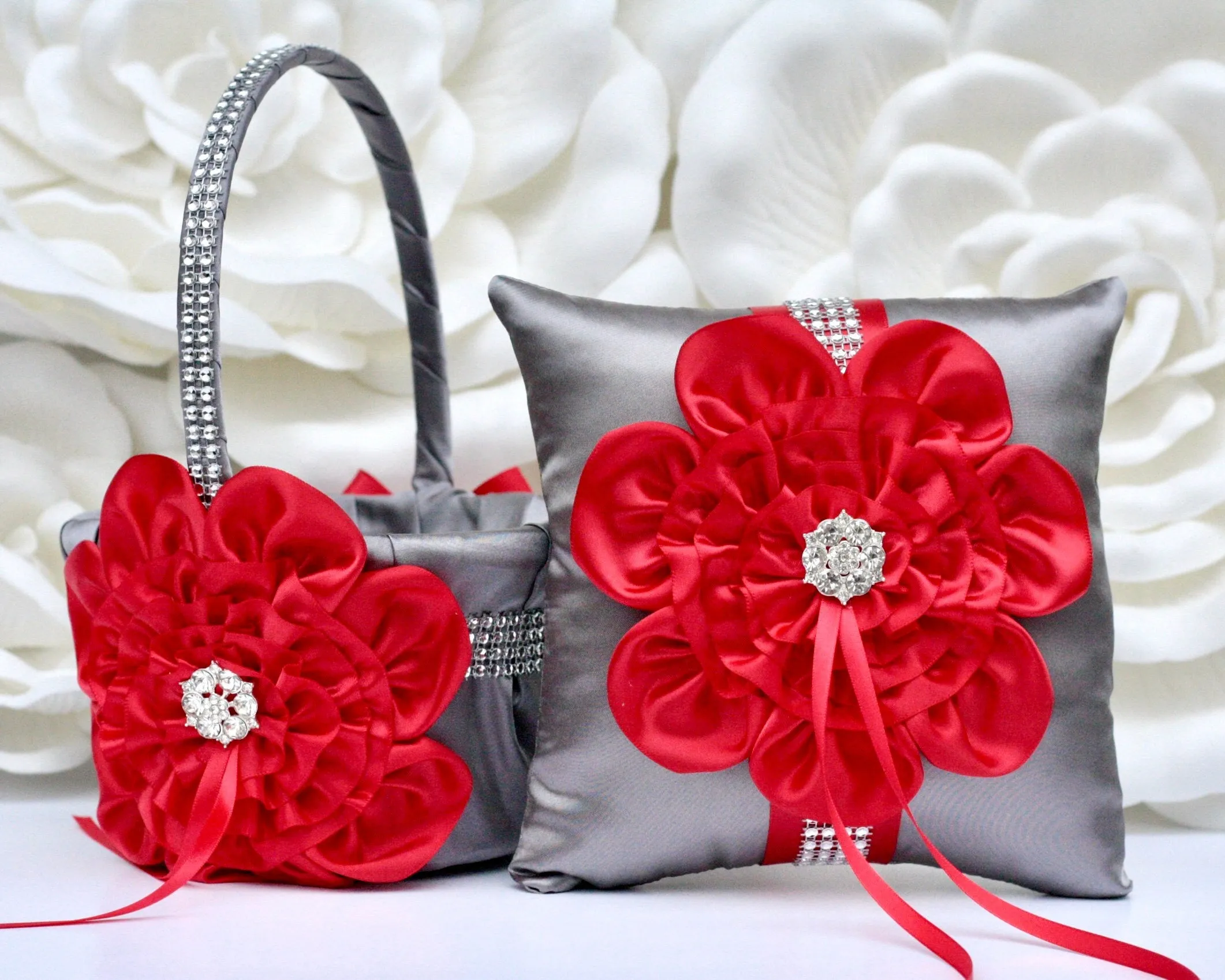 Gray Red Wedding Accessories, Red Flower Girl Basket and Ring Bearer Pillow Set, Red Champagne glasses, Red Cake Server, Red Guest Book Pen