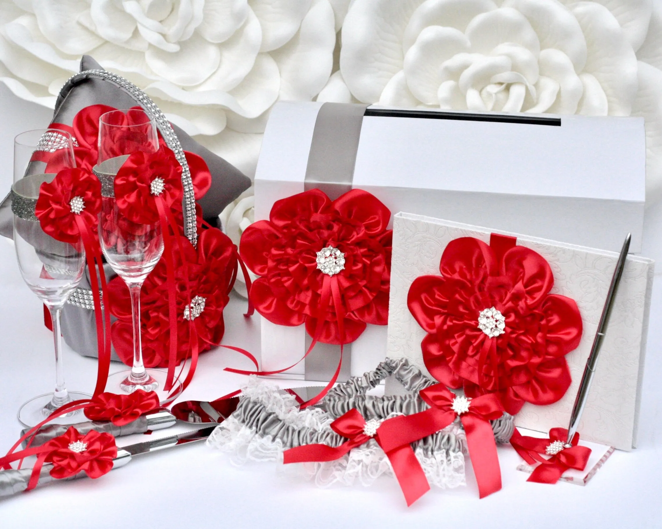 Gray Red Wedding Accessories, Red Flower Girl Basket and Ring Bearer Pillow Set, Red Champagne glasses, Red Cake Server, Red Guest Book Pen