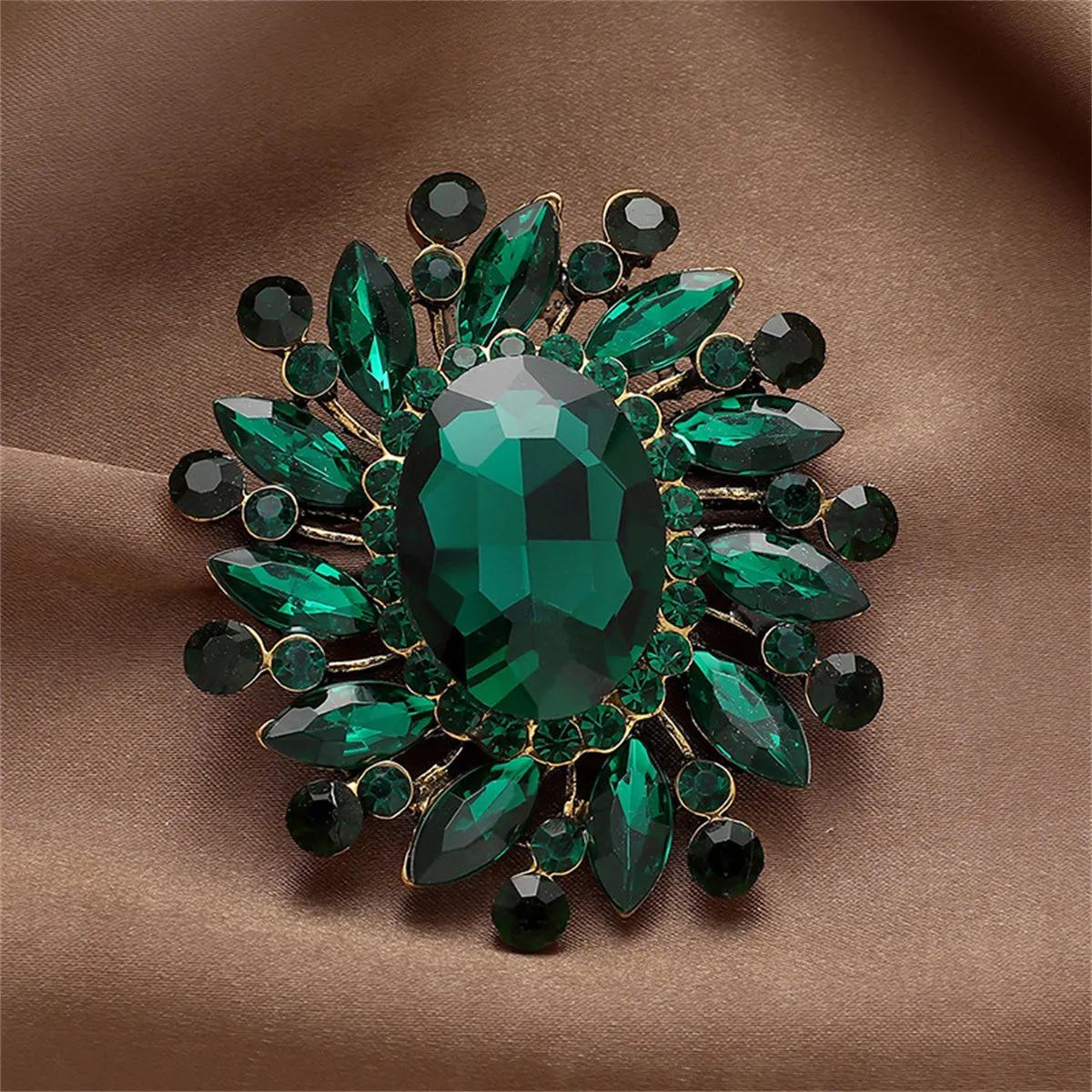 Green Crystal & Cubic Zirconia Flower Brooch