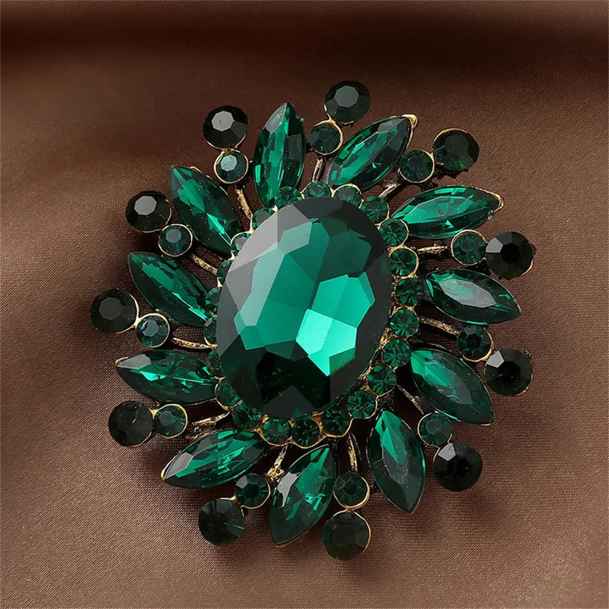 Green Crystal & Cubic Zirconia Flower Brooch
