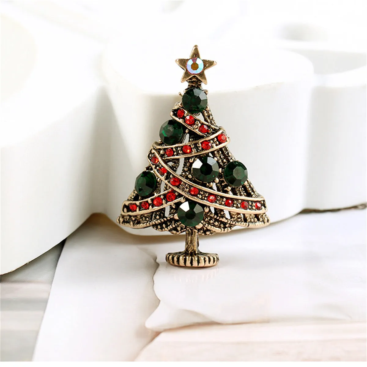 Green Cubic Zirconia & 18K Gold-Plated Christmas Tree Brooch