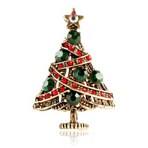 Green Cubic Zirconia & 18K Gold-Plated Christmas Tree Brooch