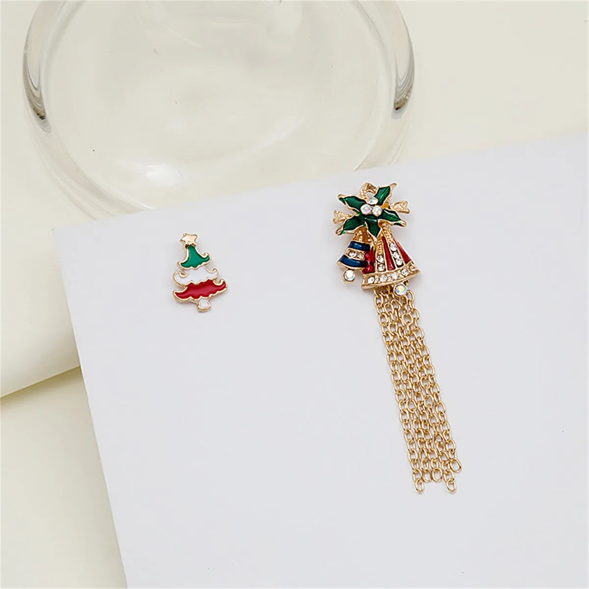 Green Enamel & Cubic Zirconia 18K Gold-Plated Christmas Tree Bell Tassel Brooch Set