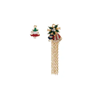 Green Enamel & Cubic Zirconia 18K Gold-Plated Christmas Tree Bell Tassel Brooch Set
