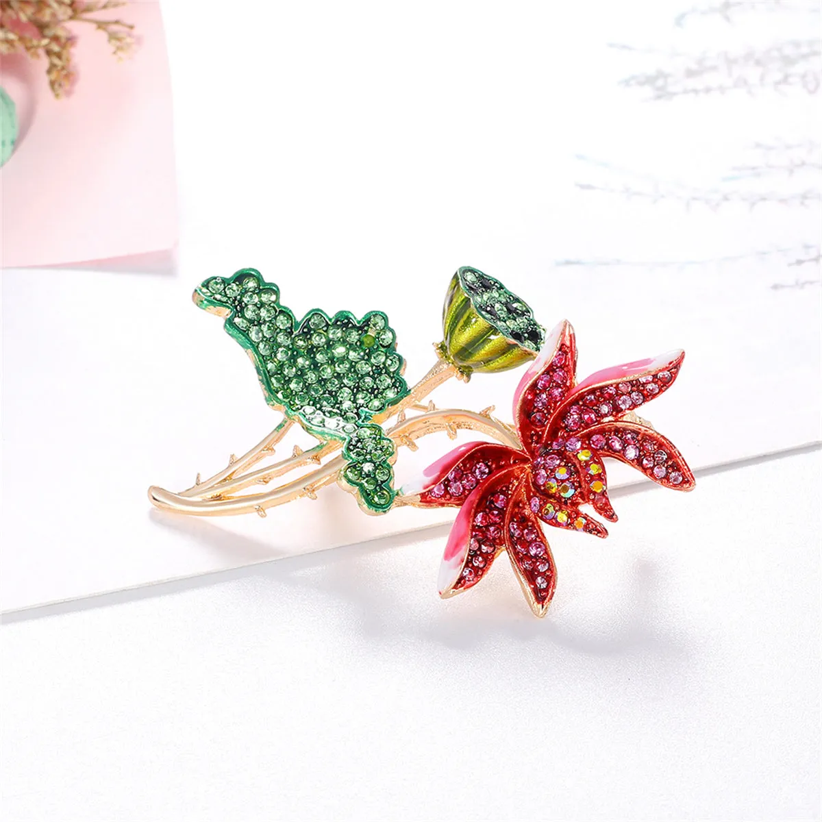 Green Enamel & Multicolor Cubic Zirconia 18K Gold-Plated Lotus Brooch
