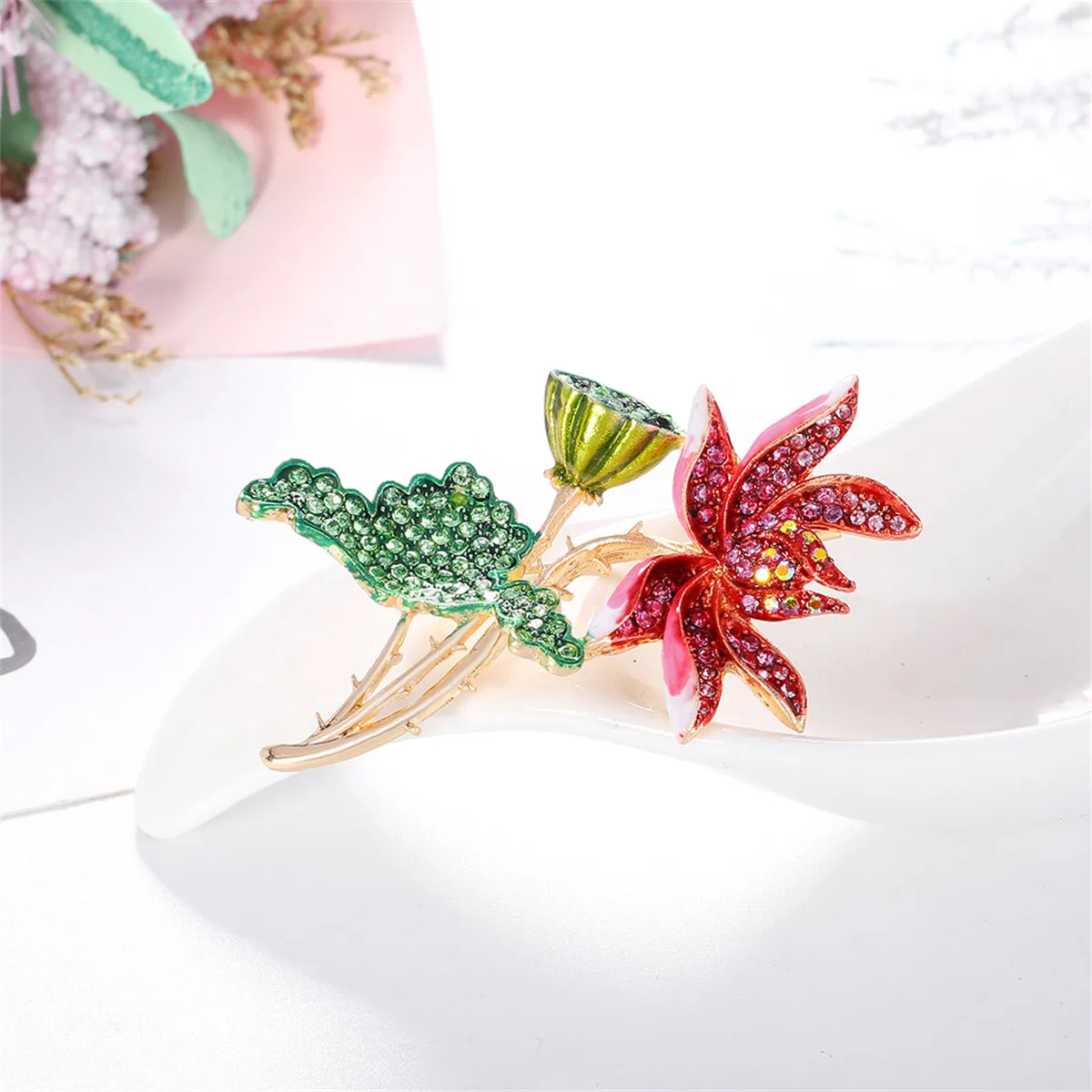 Green Enamel & Multicolor Cubic Zirconia 18K Gold-Plated Lotus Brooch