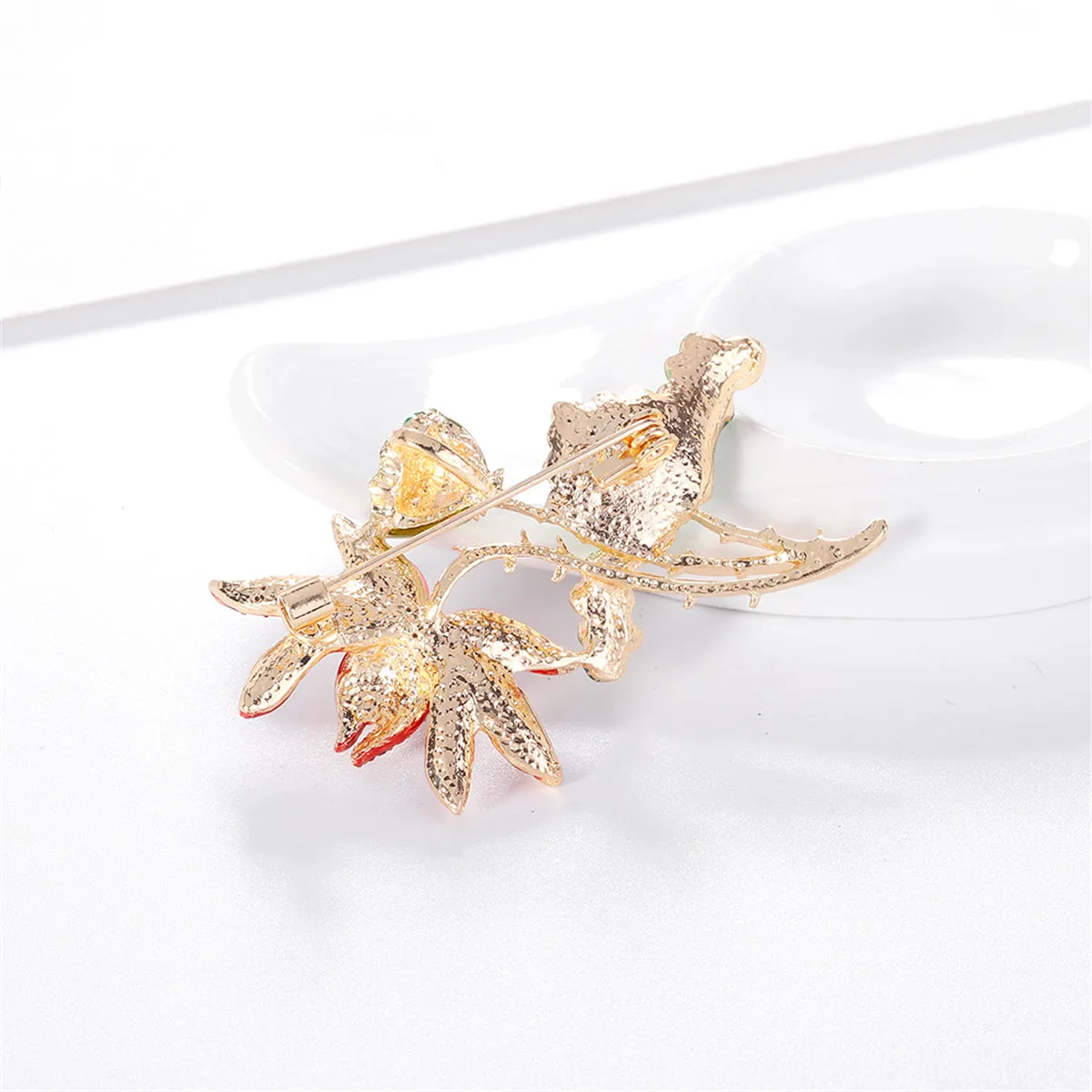 Green Enamel & Multicolor Cubic Zirconia 18K Gold-Plated Lotus Brooch