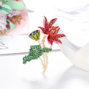 Green Enamel & Multicolor Cubic Zirconia 18K Gold-Plated Lotus Brooch