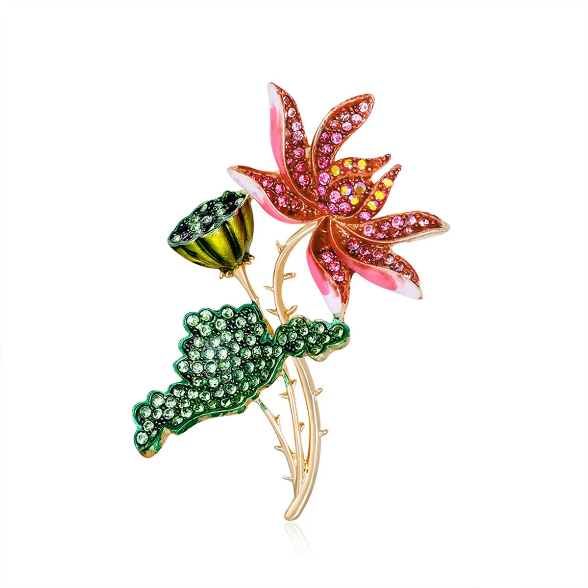 Green Enamel & Multicolor Cubic Zirconia 18K Gold-Plated Lotus Brooch