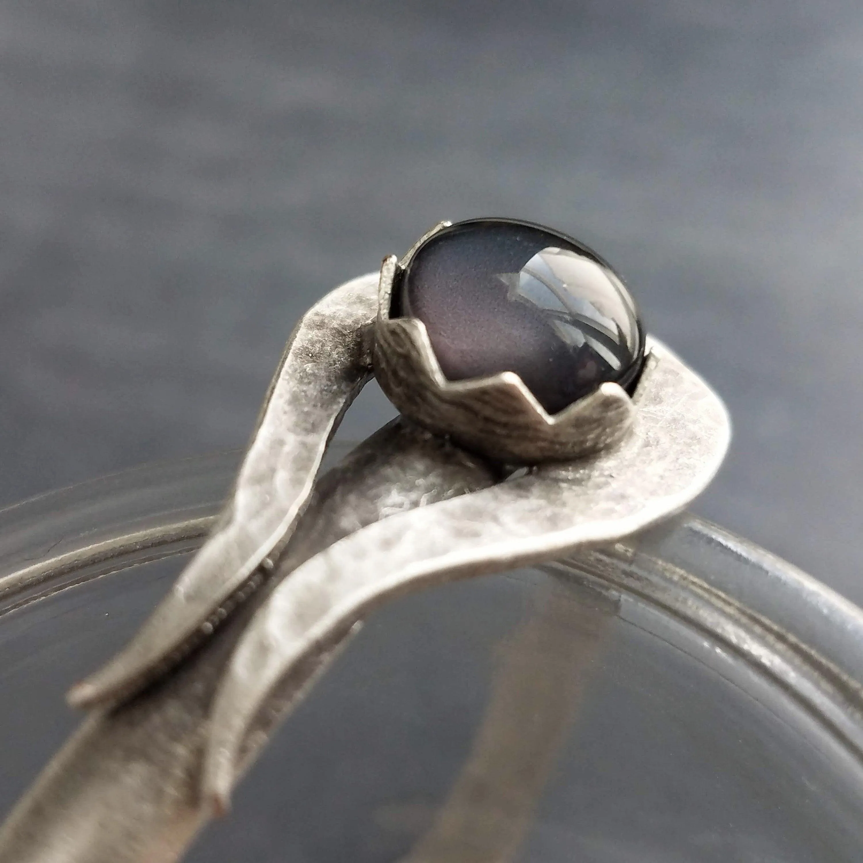 Grey Glass Stone Silver Cuff Bracelet, heavy silver cuff, oxidized silver bracelet, antique silver, black gray glass, dark stormy grey round