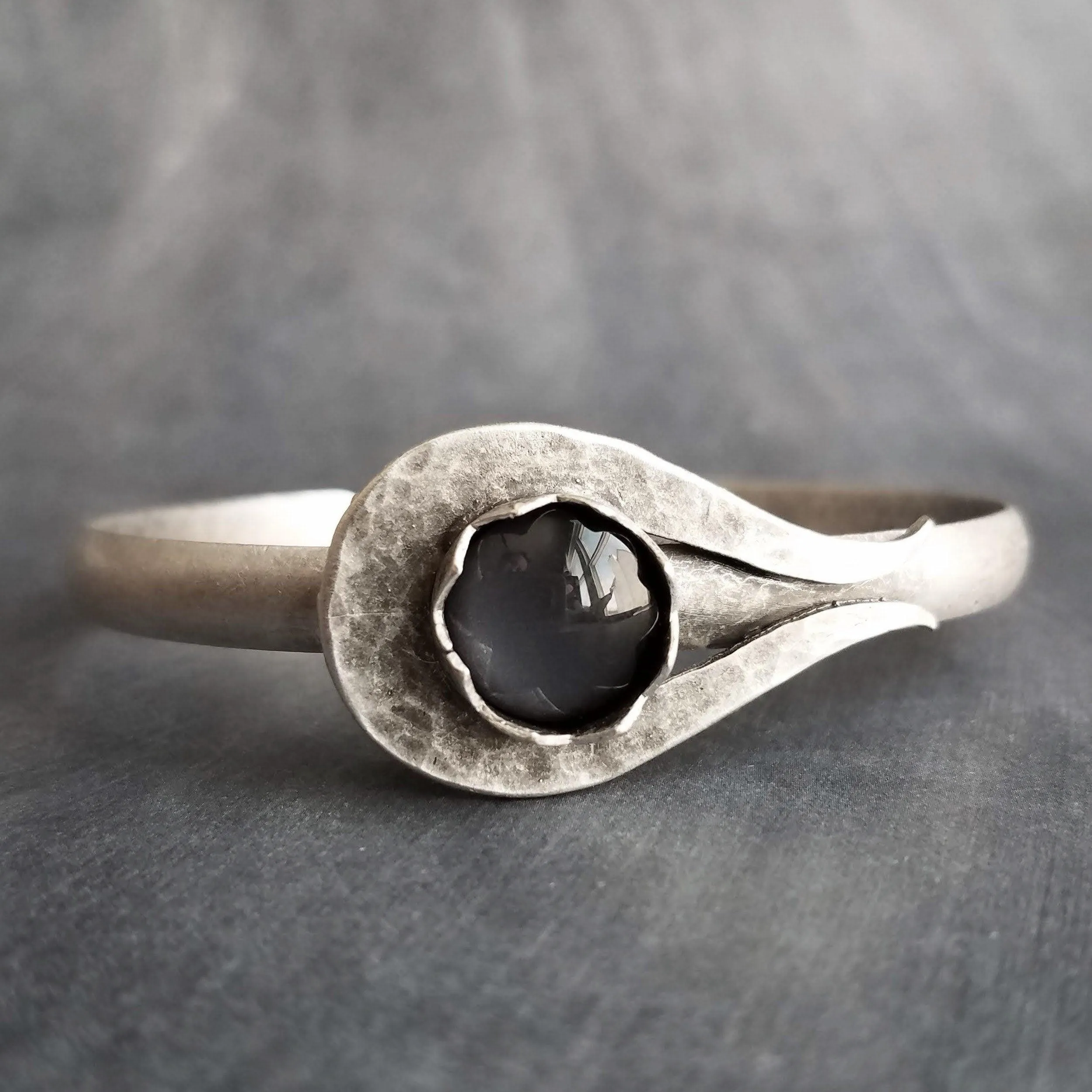 Grey Glass Stone Silver Cuff Bracelet, heavy silver cuff, oxidized silver bracelet, antique silver, black gray glass, dark stormy grey round