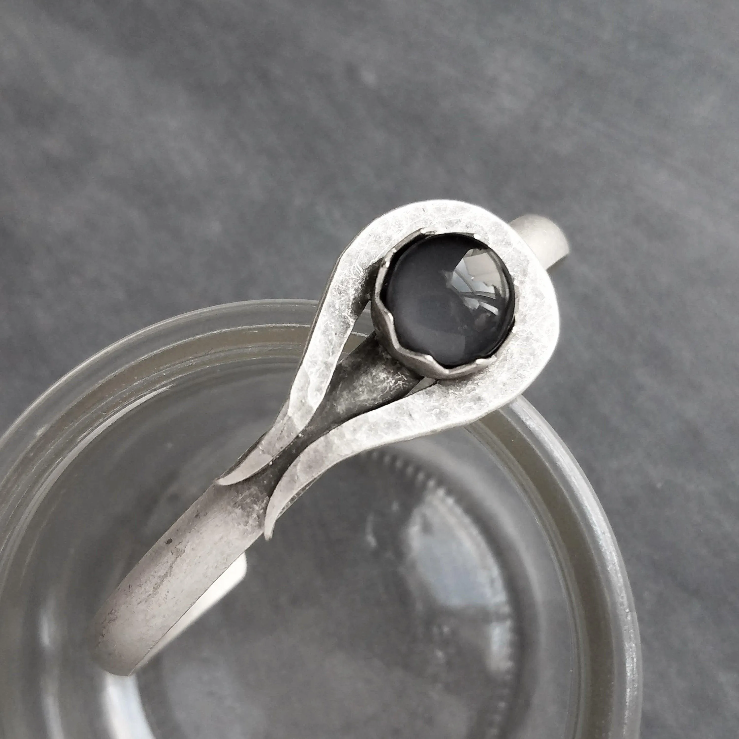 Grey Glass Stone Silver Cuff Bracelet, heavy silver cuff, oxidized silver bracelet, antique silver, black gray glass, dark stormy grey round