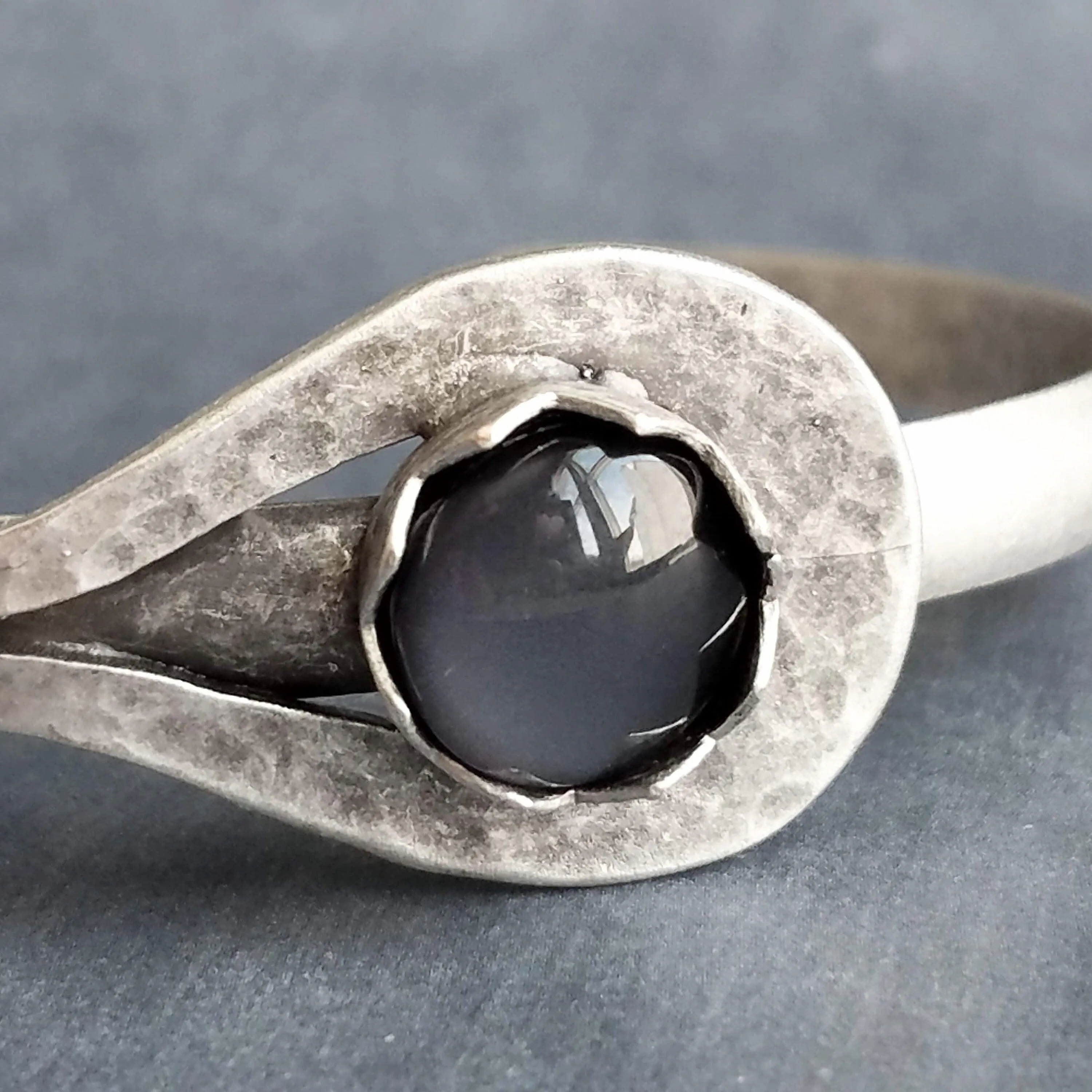 Grey Glass Stone Silver Cuff Bracelet, heavy silver cuff, oxidized silver bracelet, antique silver, black gray glass, dark stormy grey round