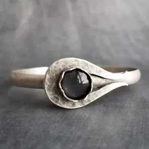 Grey Glass Stone Silver Cuff Bracelet, heavy silver cuff, oxidized silver bracelet, antique silver, black gray glass, dark stormy grey round